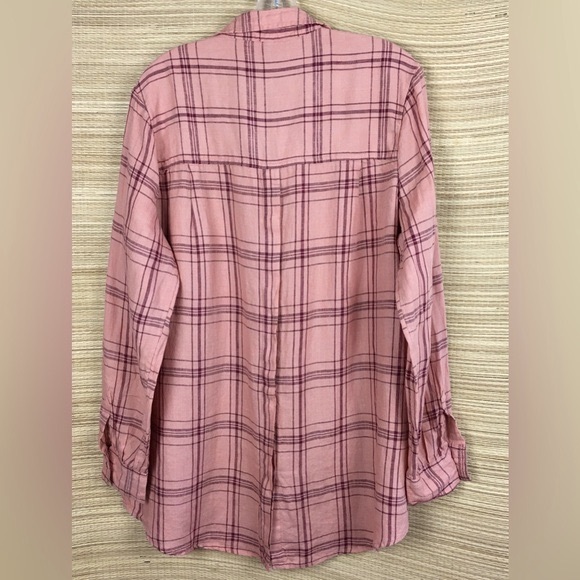 Free People Peach Linen No Limits Button Down Plaid Shirt Size L/G - Picture 5 of 11